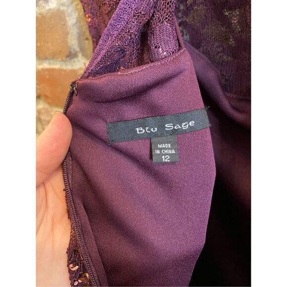 BLU SAGE Eggplant Purple Sequin Lace Layered Formal Cocktail Dress Shirt Sleeve - Picture 6 of 13